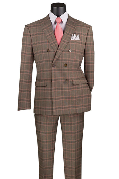 Men's Modern Fit Double Breasted Stretch Suit in Brown Glen Plaid