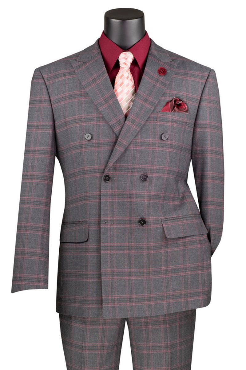 Men's Modern Fit Double Breasted Stretch Suit in Charcoal Grey Glen Plaid