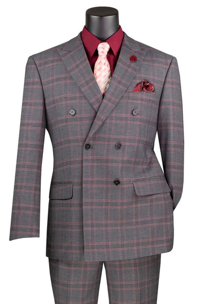 Men's Modern Fit Double Breasted Stretch Suit in Charcoal Grey Glen Plaid