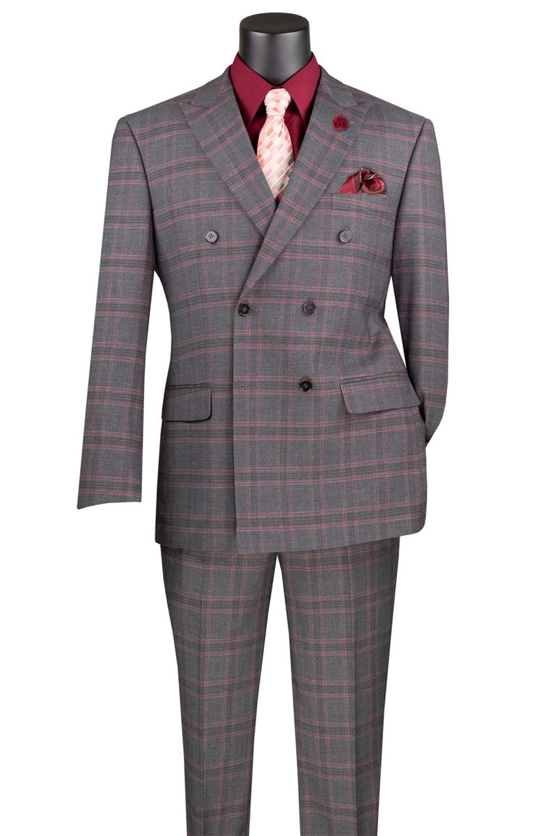Men's Modern Fit Double Breasted Stretch Suit in Charcoal Grey Glen Plaid