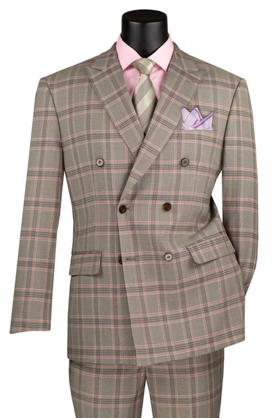 Men's Modern Fit Double Breasted Stretch Suit in Light Taupe Glen Plaid