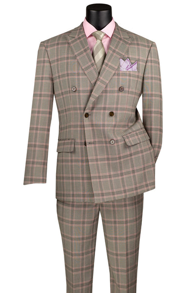 Men's Modern Fit Double Breasted Stretch Suit in Light Taupe Glen Plaid