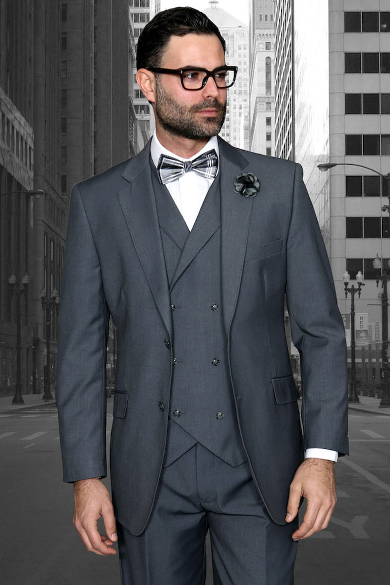 Men's Designer Classic Fit Pleated Pant Wool Suit with Double Breasted Vest in Charcoal Grey