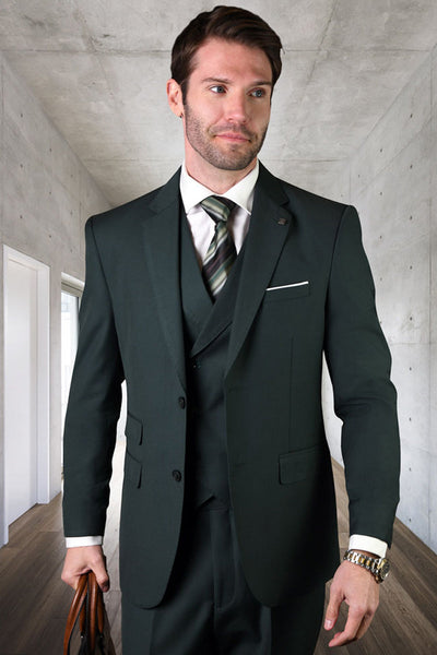 Men's Designer Classic Fit Pleated Pant Wool Suit with Double Breasted Vest in Hunter Green