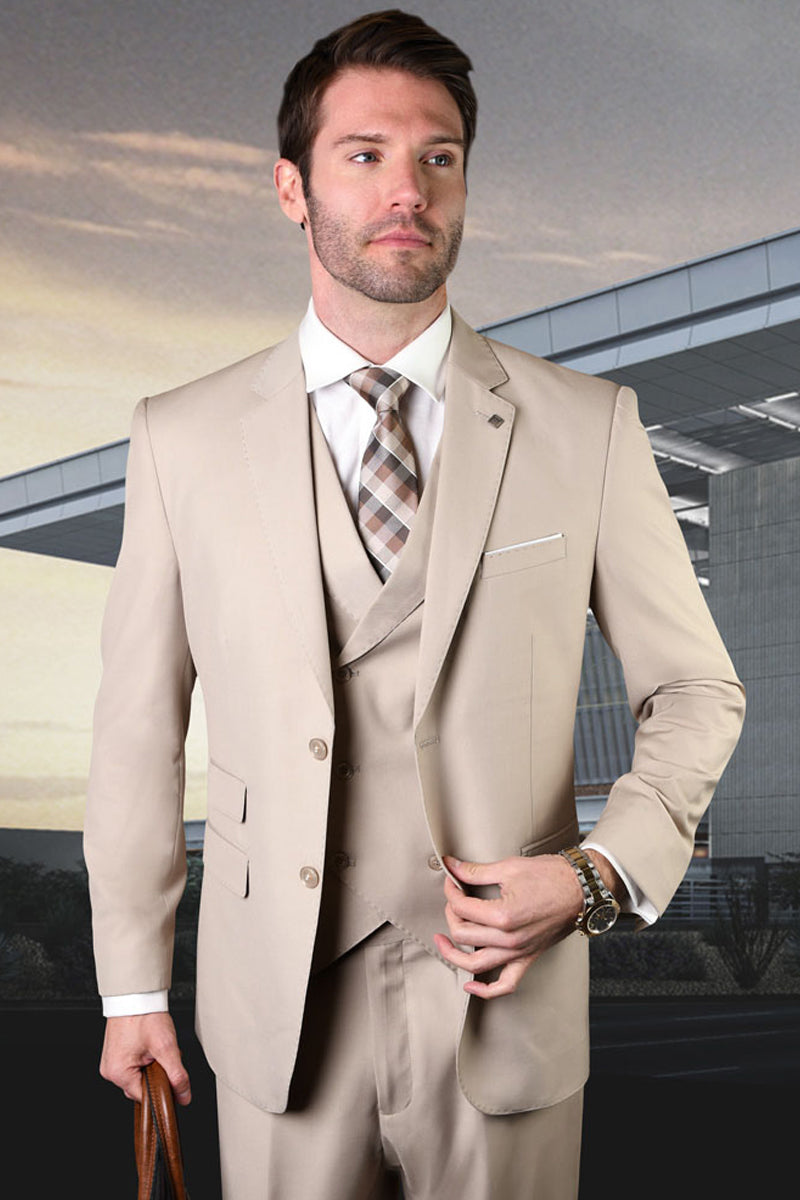 Men's Designer Classic Fit Pleated Pant Wool Suit with Double Breasted Vest in Tan