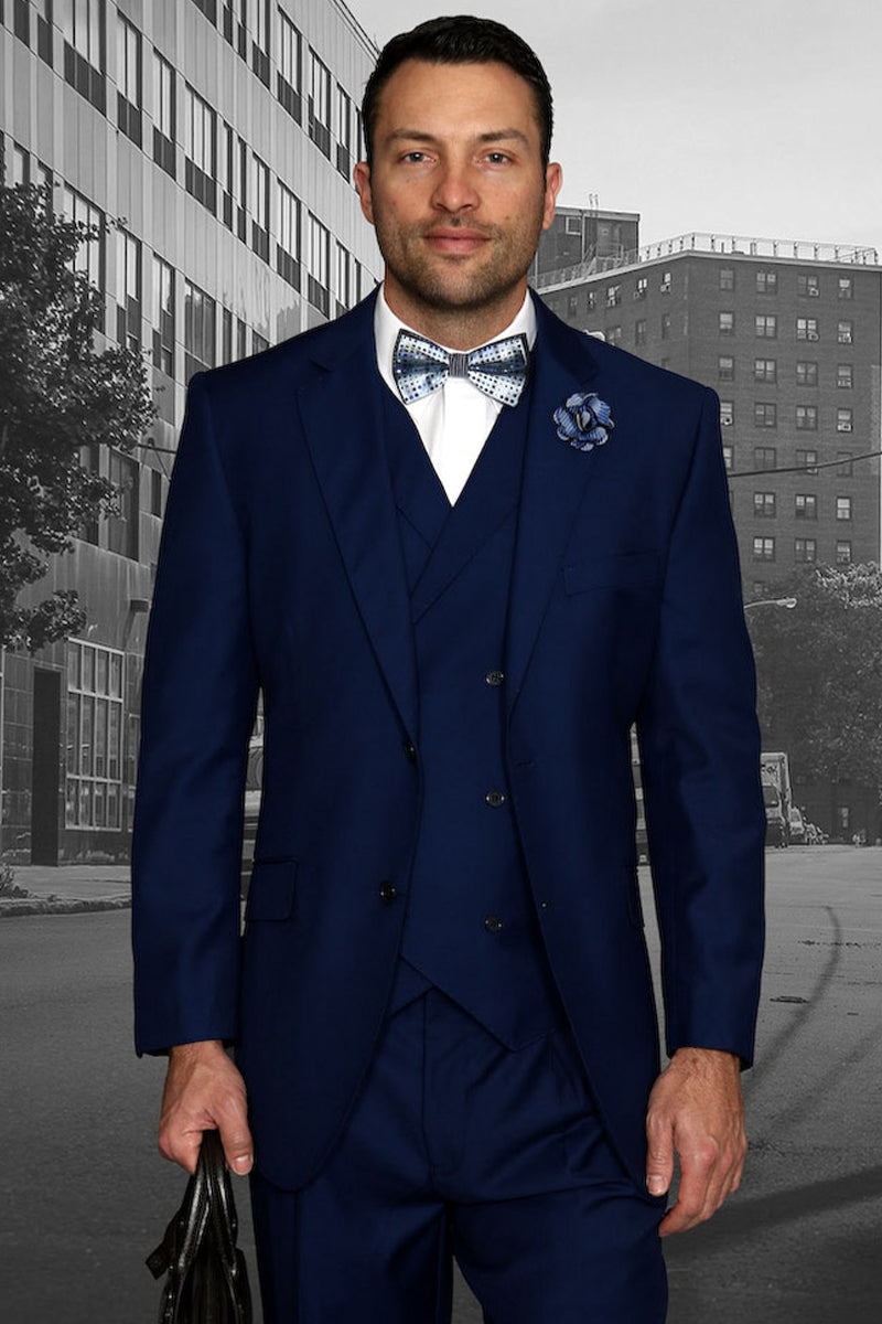 Men's Designer Classic Fit Pleated Pant Wool Suit with Double Breasted Vest in Sapphire Blue