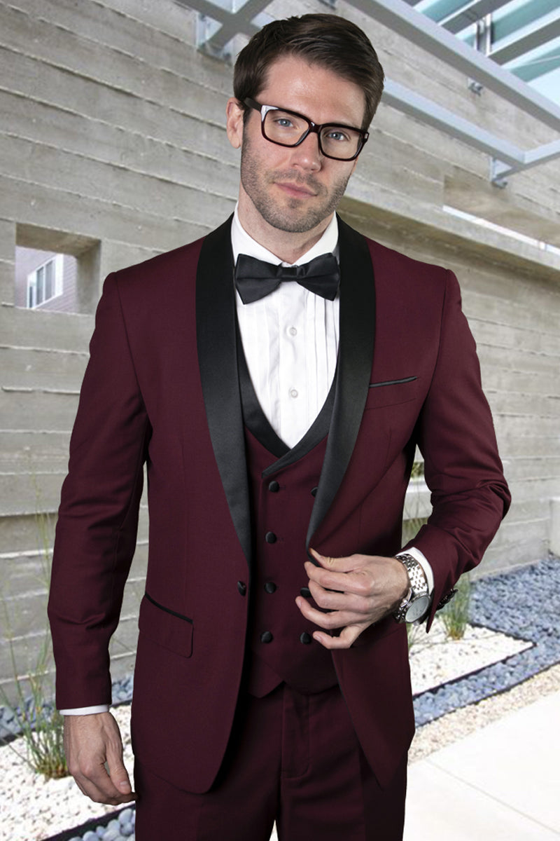 Men's Designer Wool Shawl Tuxedo with Double Breasted Vest in Burgundy