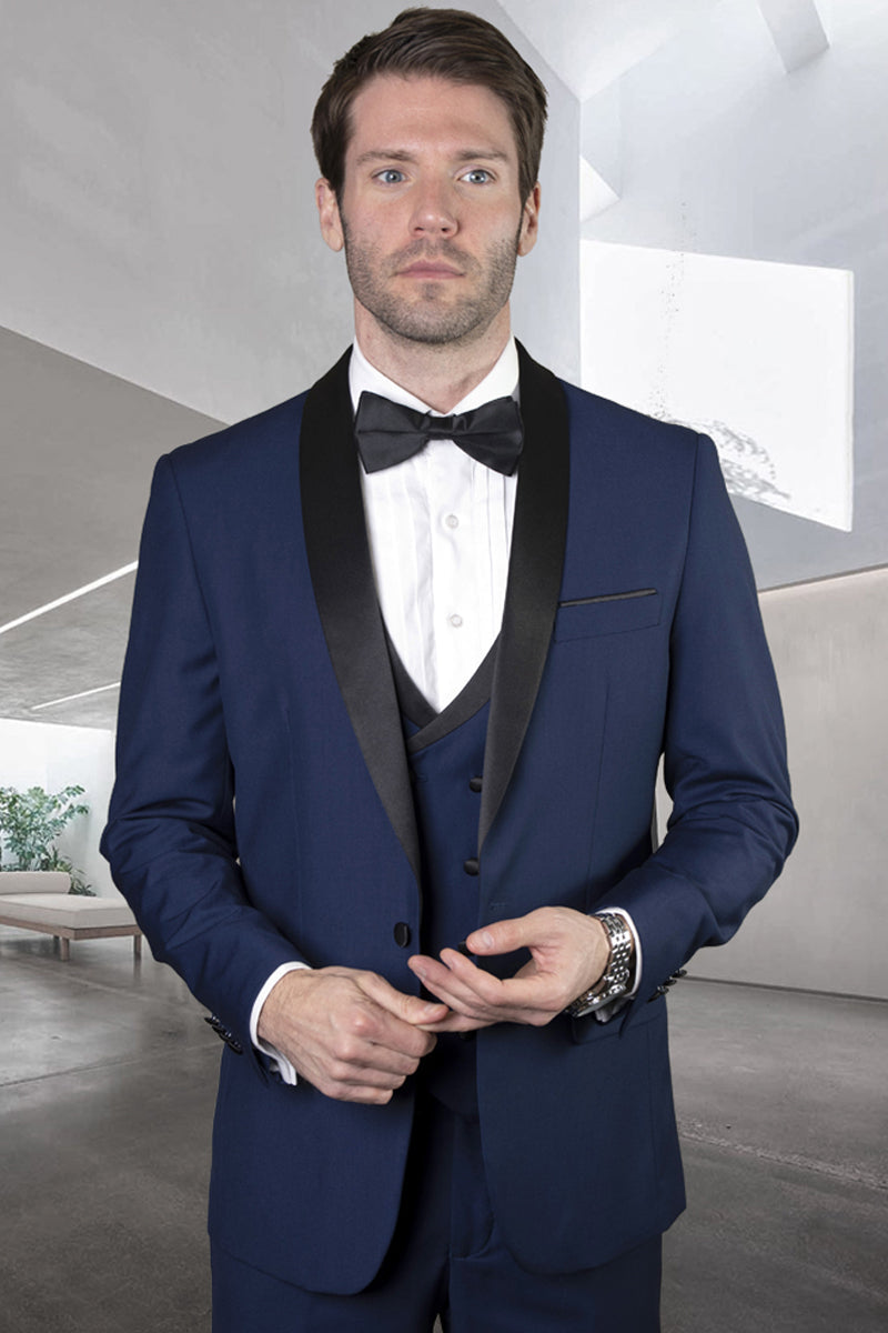 Men's Designer Wool Shawl Tuxedo with Double Breasted Vest in Sapphire Blue