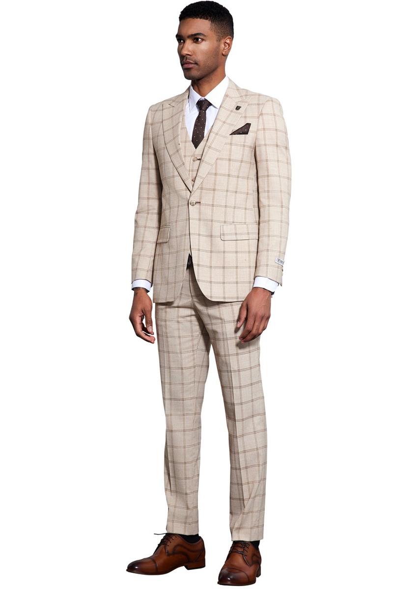 Men's Stacy Adams One Button Peak Lapel Vested Windowpane Plaid
