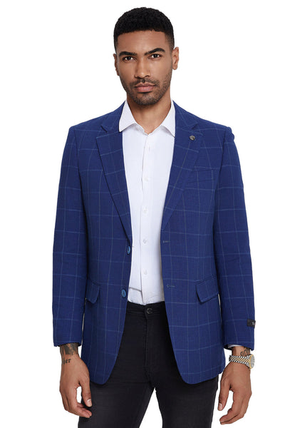 Men's Slim Fit Electric Blue windowpane Business Sport Coat Blazer