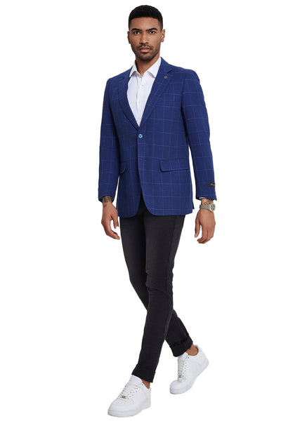 Men's Slim Fit Electric Blue windowpane Business Sport Coat Blazer