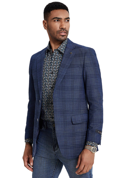 Men's Two Button Modern Fit Business Sport Coat in Navy Plaid