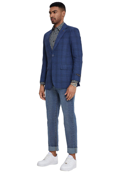 Men's Two Button Modern Fit Business Sport Coat in Navy Plaid