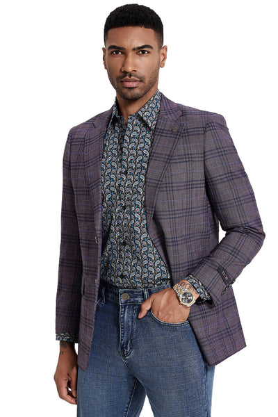 Men's Two Button Modern Fit Business Sport Coat in Grey Plaid
