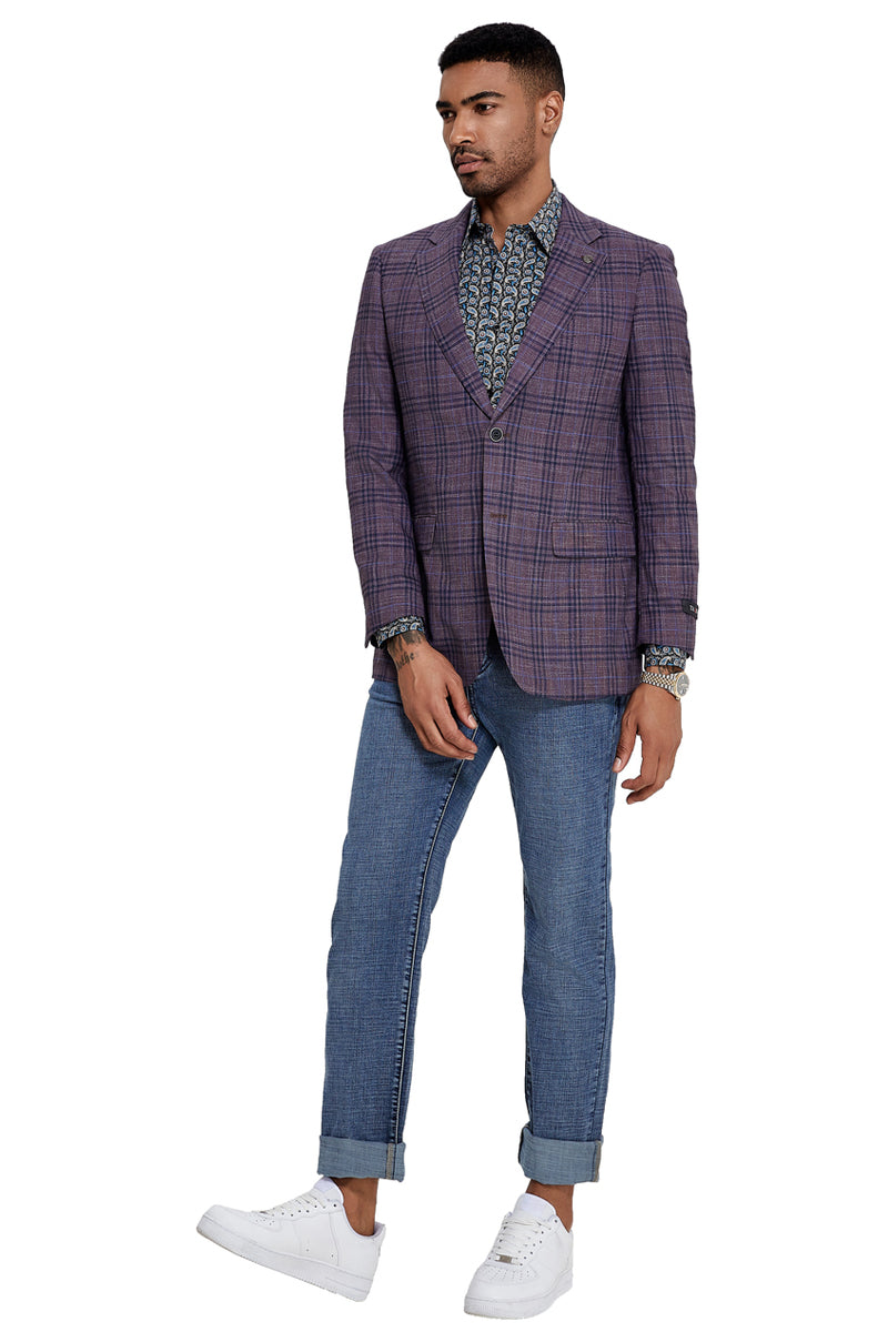 Men's Two Button Modern Fit Business Sport Coat in Grey Plaid