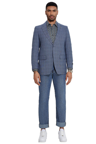 Men's Slim Fit Two Button Sport Coat Blazer in Blue Glen Check