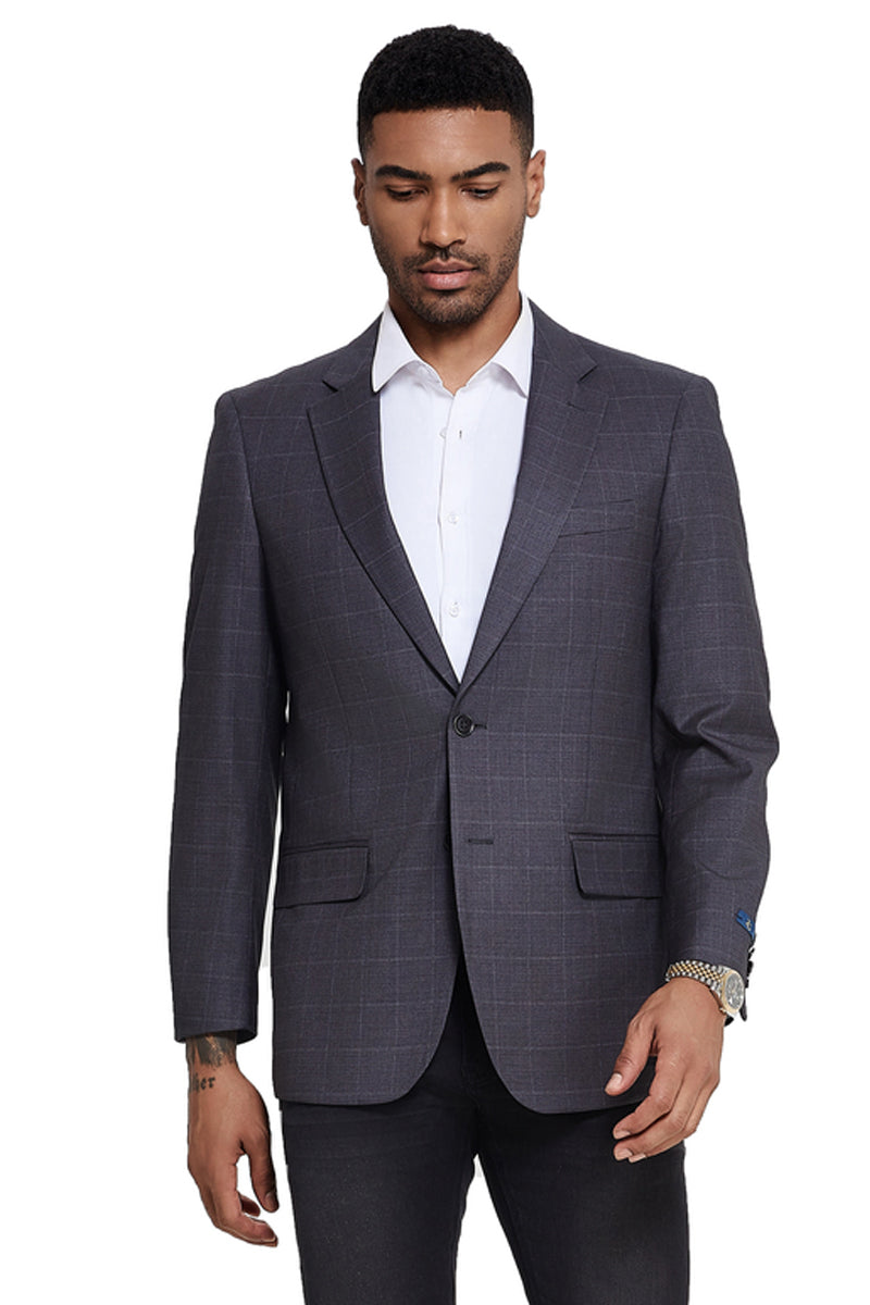 Men's Two Button Modern Fit Sport Coat in Grey Windowpane Plaid
