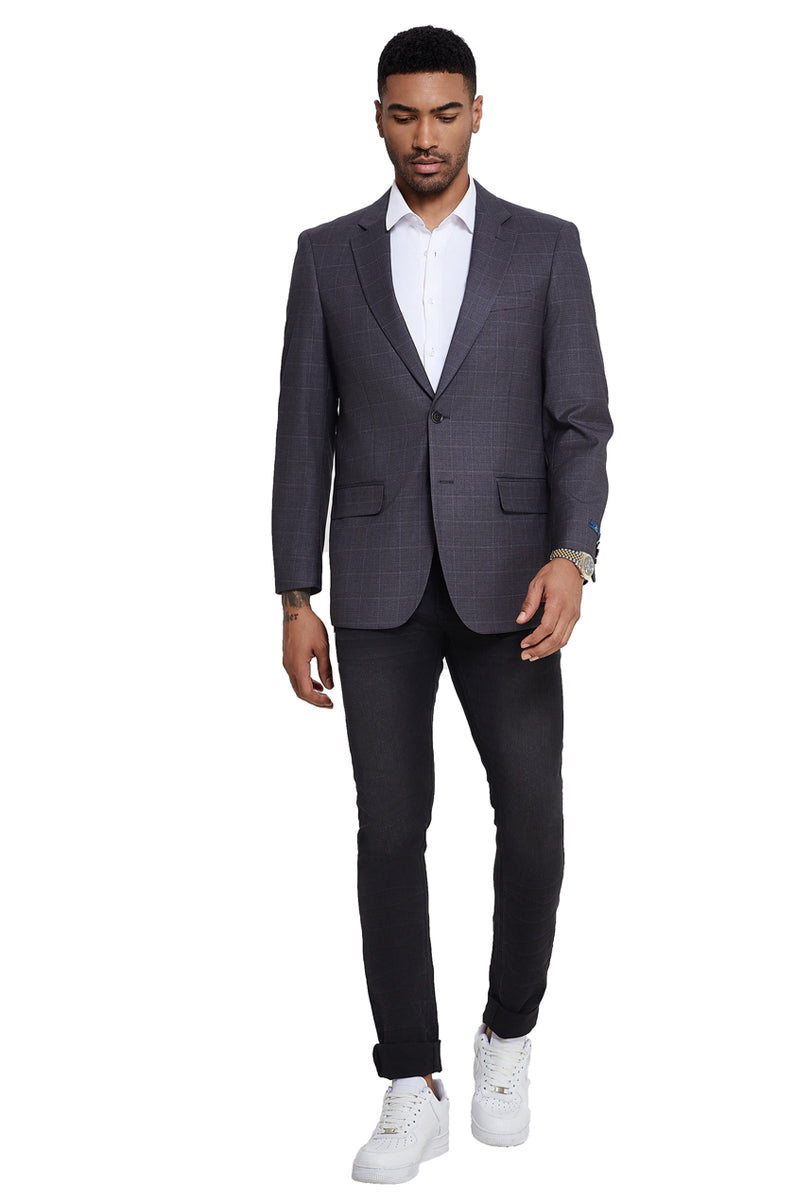 Men's Two Button Modern Fit Sport Coat in Grey Windowpane Plaid