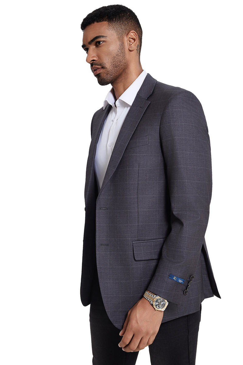 Men's Two Button Modern Fit Sport Coat in Grey Windowpane Plaid