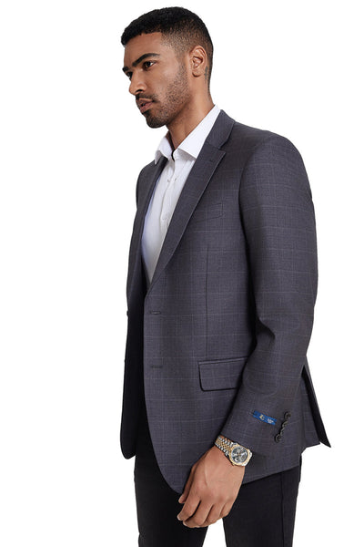 Men's Two Button Modern Fit Sport Coat in Grey Windowpane Plaid