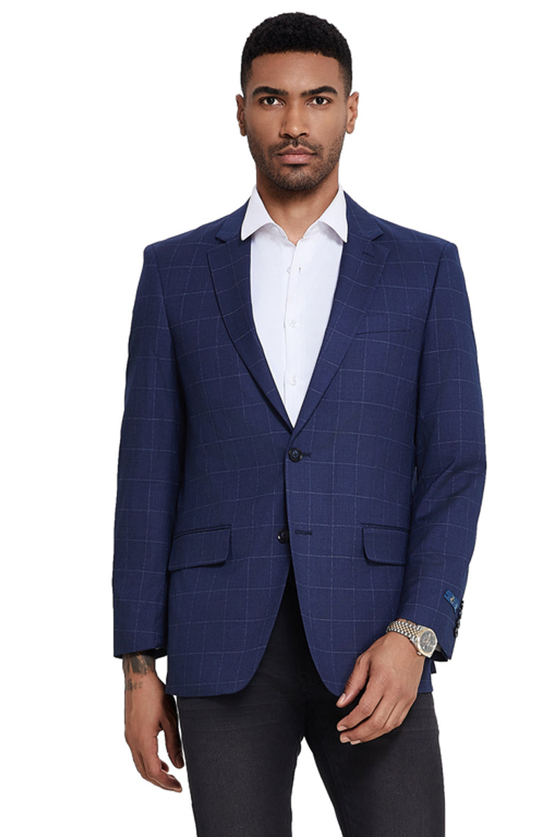 Men's Two Button Modern Fit Sport Coat in Navy Windowpane Plaid