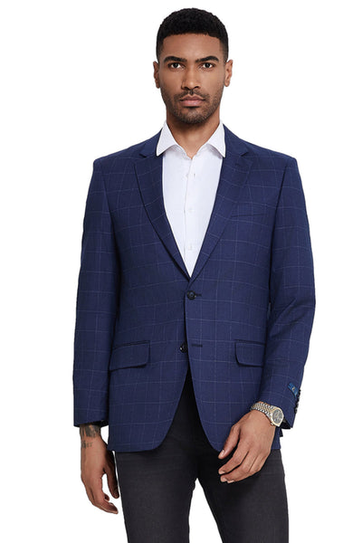 Men's Two Button Modern Fit Sport Coat in Navy Windowpane Plaid