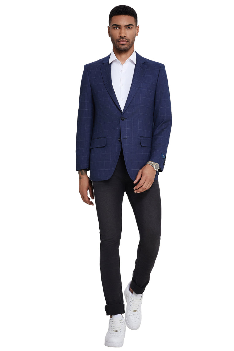 Men's Two Button Modern Fit Sport Coat in Navy Windowpane Plaid