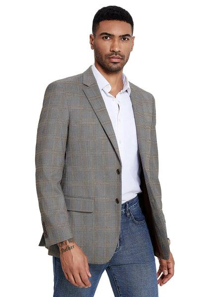 Men's Two Button Modern Fit Sport Coat in Tan & Grey Windowpane Plaid