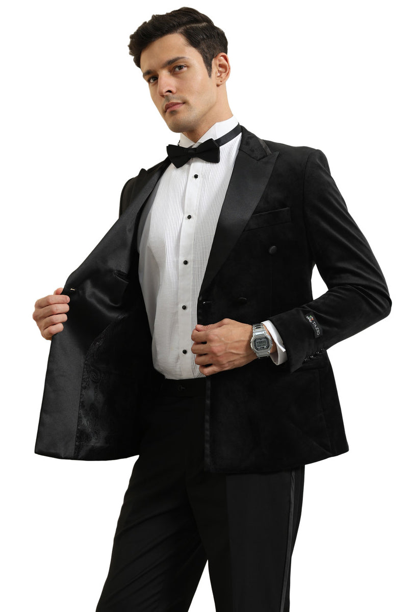 Men's Velvet Double Breasted Wedding & Prom Tuxedo Jacket in Black