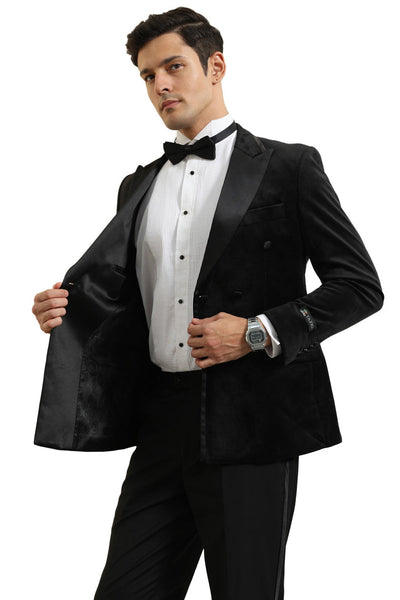Men's Velvet Double Breasted Wedding & Prom Tuxedo Jacket in Black