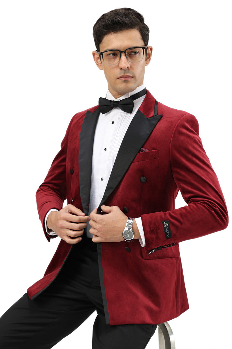 Men's Velvet Double Breasted Wedding & Prom Tuxedo Jacket in Burgundy
