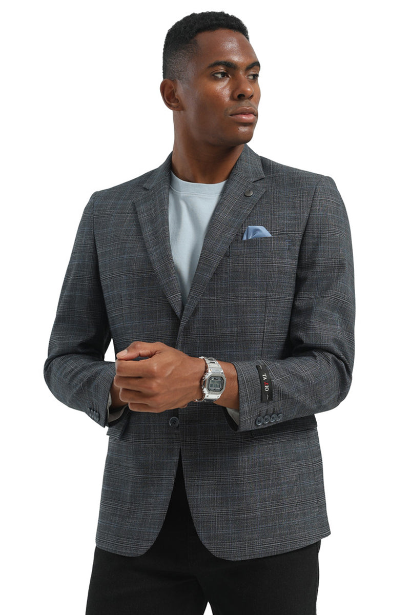 Men's Two Button Modern Fit Business Sport Coat in Charcoal Grey Plaid