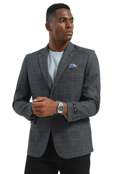 Men's Two Button Modern Fit Business Sport Coat in Charcoal Grey Plaid