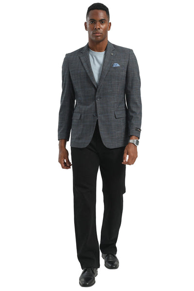 Men's Two Button Modern Fit Business Sport Coat in Charcoal Grey Plaid