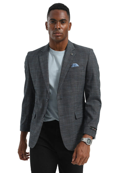 Men's Two Button Modern Fit Business Sport Coat in Charcoal Grey Plaid