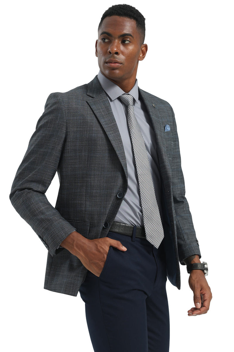 Men's Two Button Modern Fit Business Sport Coat in Charcoal Grey Plaid