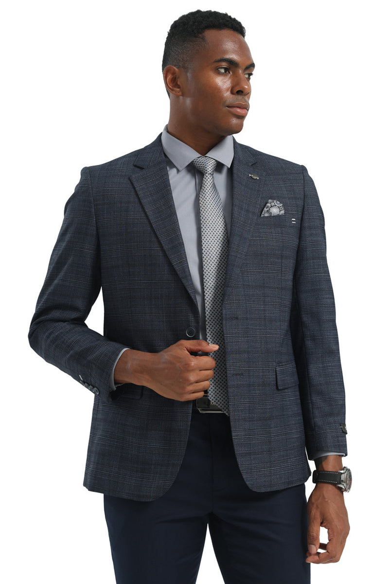 Men's Two Button Modern Fit Business Sport Coat in Navy Blue Plaid