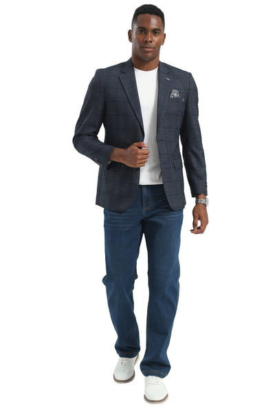 Men's Two Button Modern Fit Business Sport Coat in Navy Blue Plaid