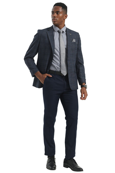 Men's Two Button Modern Fit Business Sport Coat in Navy Blue Plaid