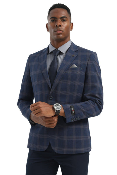 Men's Two Button Modern Fit Business Sport Coat in Navy Blue Multi Windowpane Plaid