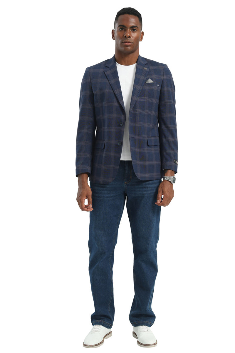 Men's Two Button Modern Fit Business Sport Coat in Navy Blue Multi Windowpane Plaid