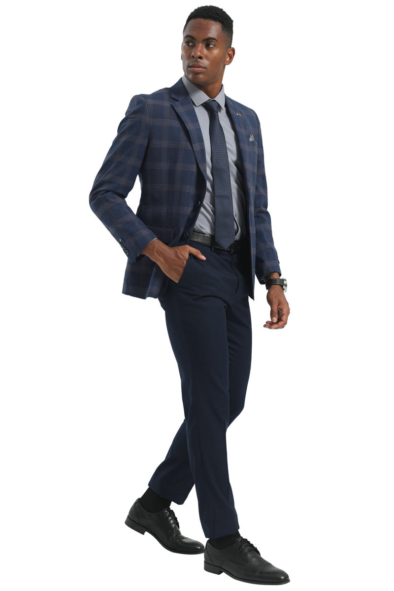 Men's Two Button Modern Fit Business Sport Coat in Navy Blue Multi Windowpane Plaid