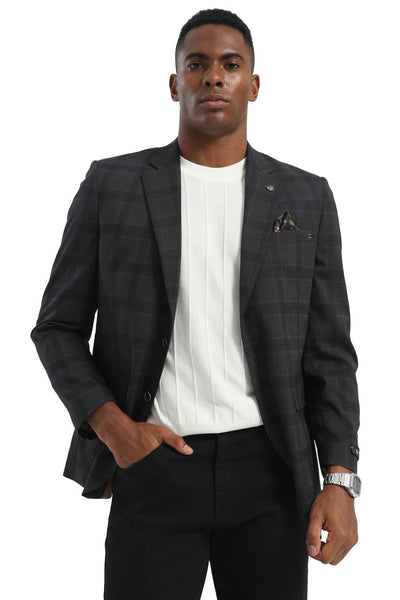Men's Two Button Modern Fit Business Sport Coat in Charcoal Grey Multi Windowpane Plaid