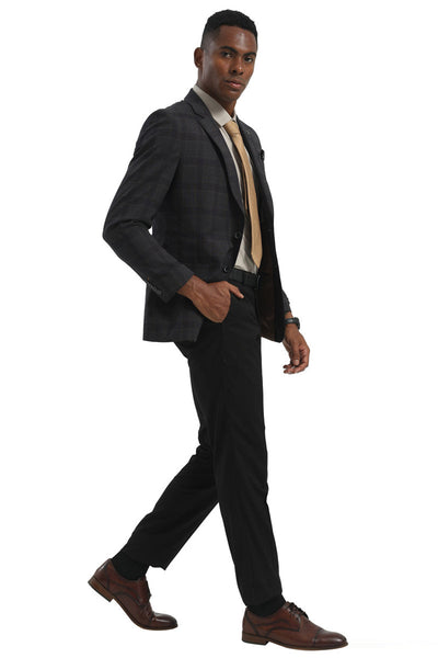 Men's Two Button Modern Fit Business Sport Coat in Charcoal Grey Multi Windowpane Plaid
