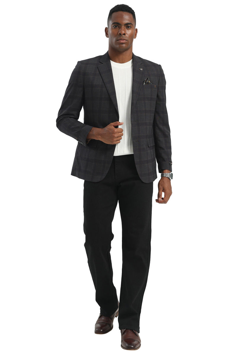 Men's Two Button Modern Fit Business Sport Coat in Charcoal Grey Multi Windowpane Plaid