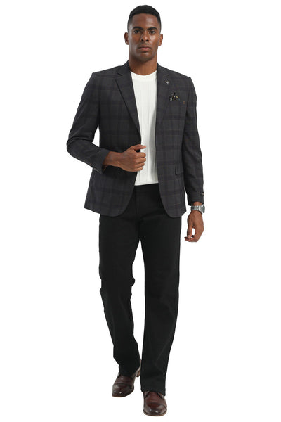 Men's Two Button Modern Fit Business Sport Coat in Charcoal Grey Multi Windowpane Plaid