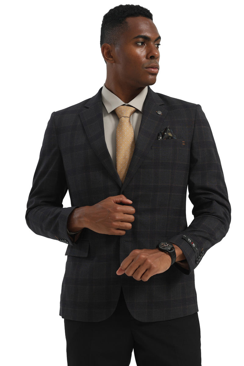 Men's Two Button Modern Fit Business Sport Coat in Charcoal Grey Multi Windowpane Plaid