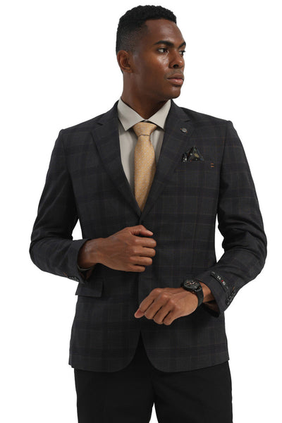 Men's Two Button Modern Fit Business Sport Coat in Charcoal Grey Multi Windowpane Plaid