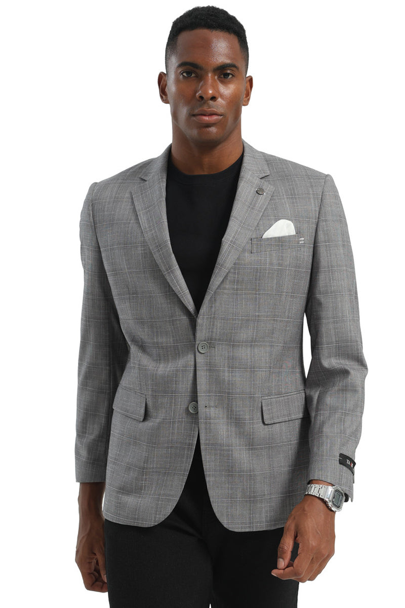 Men's Two Button Modern Fit Business Sport Coat in Light Grey Glen Plaid