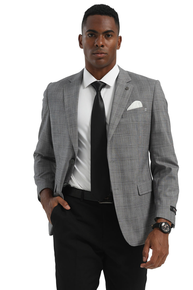 Men's Two Button Modern Fit Business Sport Coat in Light Grey Glen Plaid